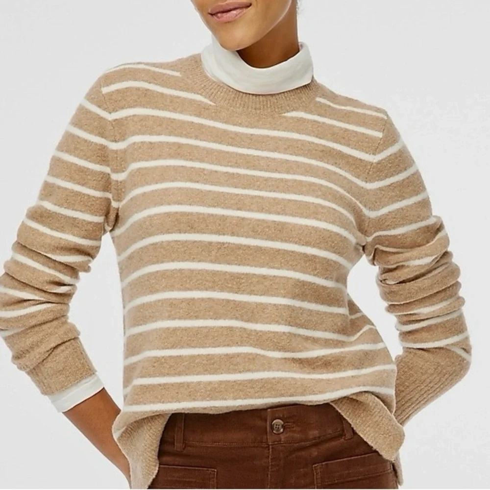 J. Crew Crewneck Extra-Soft Yarn Sweater Striped Mushroom Ivory S Merino Blend